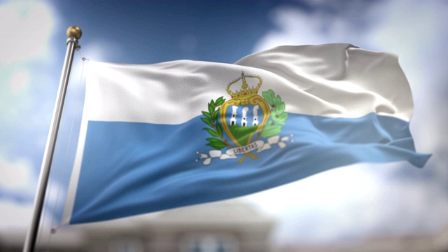 圣马力诺旗帜挥舞慢动作3D渲染蓝天背景-无缝循环4K视频素材