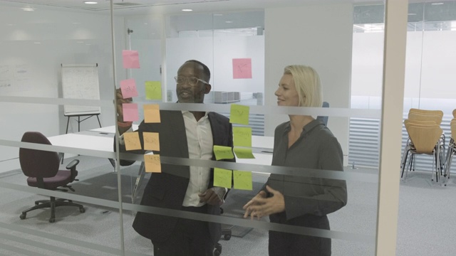 商务人士高管在会议室里用不粘胶笔记贴在窗户上，以便制定公司战略视频素材
