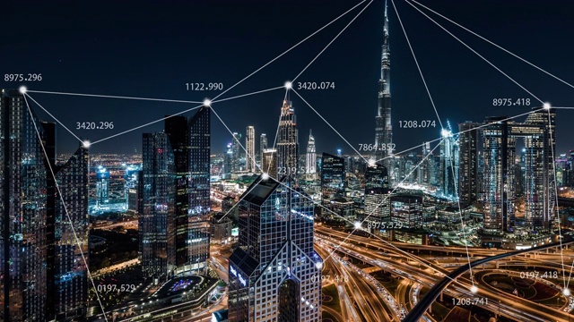 T/L TD迪拜城市天际线和5G网络概念，从白天到夜晚/阿联酋视频素材