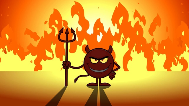 红魔卡通表情符号举着一把干草叉在火焰上视频素材
