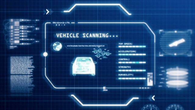 HUD驾驶车辆车辆规格扫描用户界面计算机屏幕显示与像素背景。蓝色抽象全息图全息技术概念。科幻小说。4K动画片段视频素材