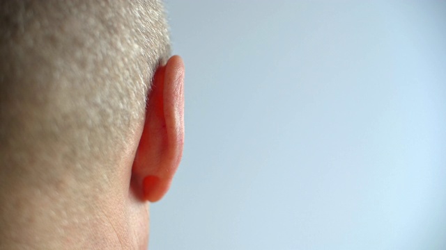 从右侧闭合雄耳。耳朵灰白头发的男人。人类听觉器官。人体的部分。头部解剖。视频下载