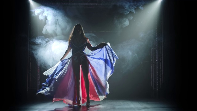 火辣辣的黑发姑娘穿着性感的英国国旗和水钻色的套装在跳舞。夜店在黑暗中闪烁着霓虹灯。烟雾缭绕的背景。轮廓视频素材