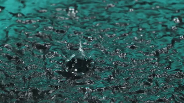 雨滴落在绿色的水中。特写水滴，飞溅，水面上的涟漪。视频下载