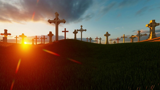 日落时分墓地里的石头十字架视频素材