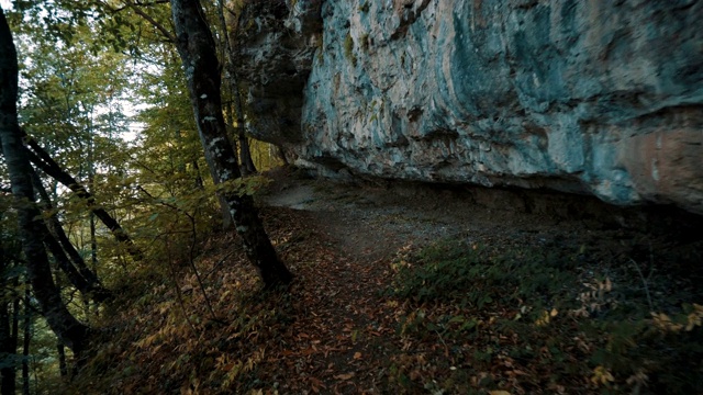 沿着森林小径沿着悬崖散步。摄像机从第一个人那里拍摄。视频素材