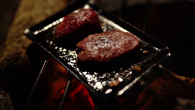 中等镜头的肉在篝火上烹饪视频素材