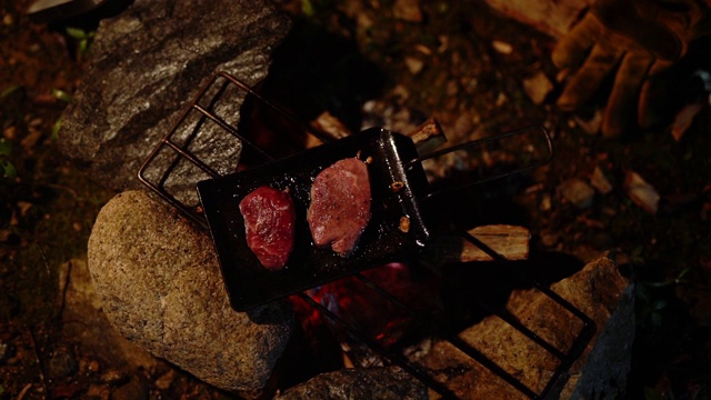 中景，在篝火上烤肉视频素材