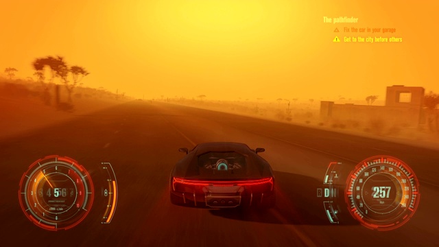 3D假视频游戏与hud。在沙尘暴中开车穿越沙漠视频素材
