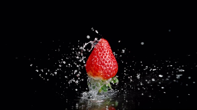 湿草莓在空气中旋转，溅起水珠视频素材