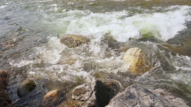 河流在阳光明媚的日子里流过岩石，近距离的细节，快速的白水，缓慢的动作视频视频素材