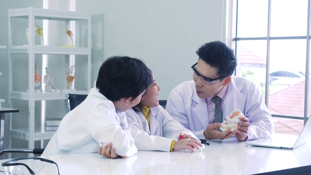 亚洲男牙医说话正确地给小男孩和小女孩解释刷牙，在教室的实验室里听。视频素材