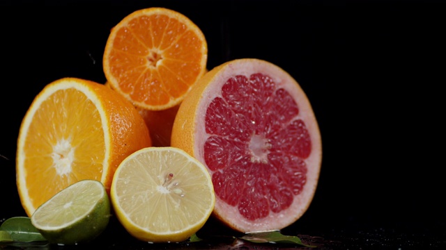 水滴落在葡萄柚、橙子、柠檬和橘子上。视频素材