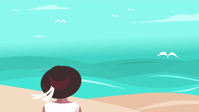 旅行和自由的精神理念。戴着帽子的女孩看着大海或海洋，移动动画插图，平面设计的网站插图。视频下载