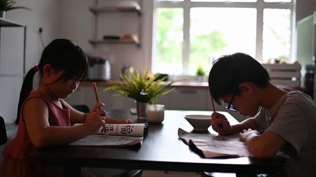 2个孩子在家学习写中国书法在餐厅视频素材