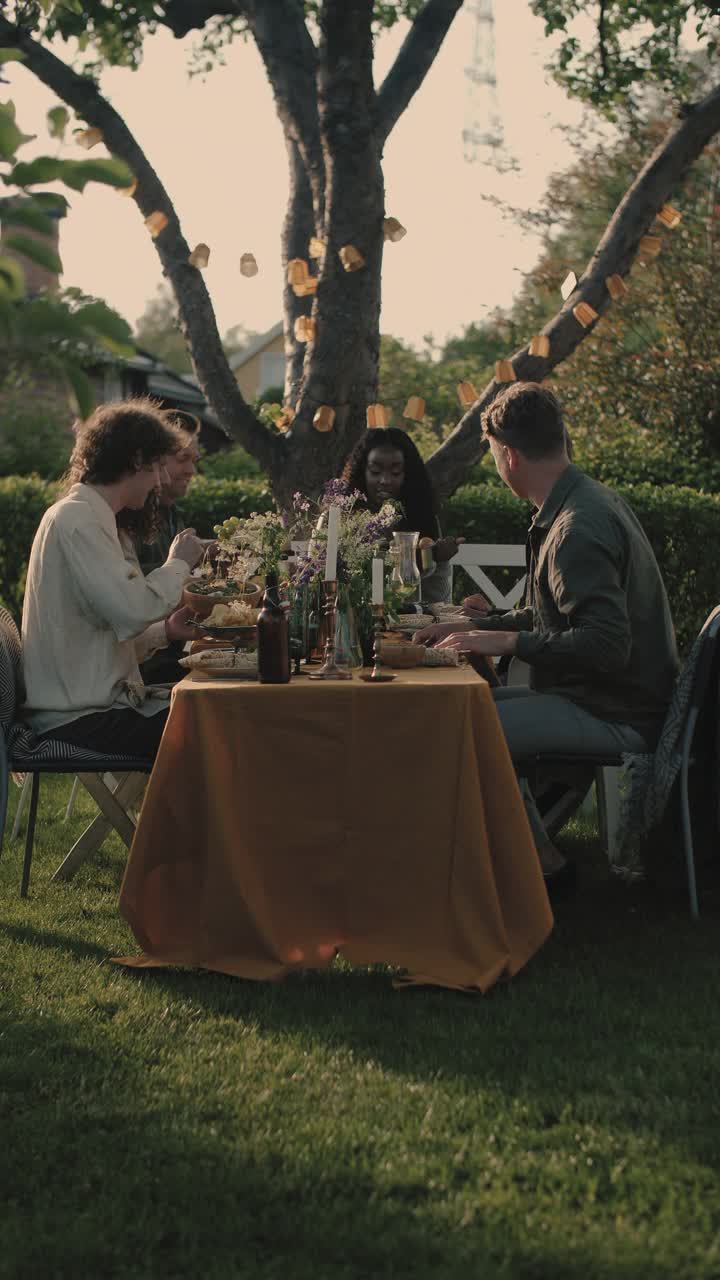 手持拍摄的朋友坐在桌旁的花园派对视频素材