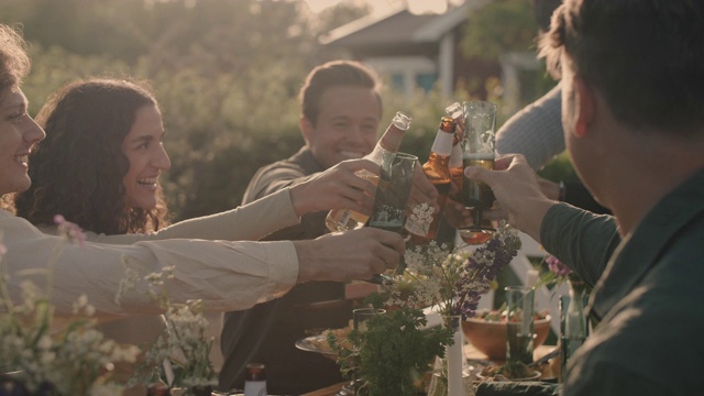 手持镜头微笑的朋友敬酒啤酒瓶在花园派对视频素材
