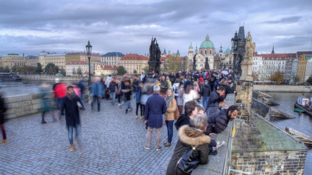 布拉格历史悠久的老城，地标建筑的城市景观和多云的天空为背景视频素材