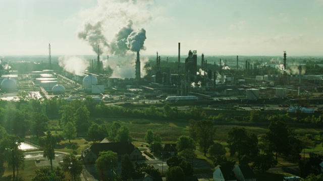 房屋和公园旁边的巨大炼油厂在东托莱多，俄亥俄州-航空视频下载