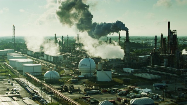 炼油厂在托莱多，俄亥俄州晨光-鸟瞰图视频下载