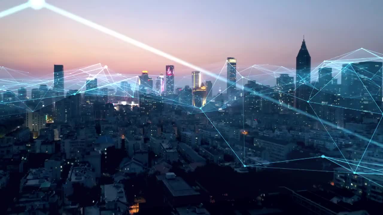 智能互联城市天际线。未来网络概念，城市技术视频下载