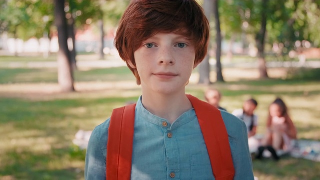 红发小男孩在公园里摆姿势视频下载