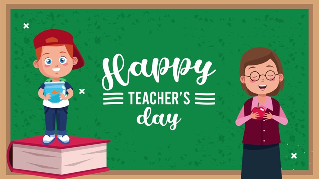 教师节快乐动画字母与老师女和学生在黑板上视频下载
