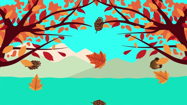 你好秋天的动画，用树枝和树叶的风景场景视频下载