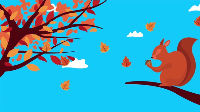 你好秋季动画与松鼠在树的场景视频下载