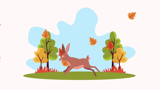 你好秋季动画与兔子和树叶景观视频下载
