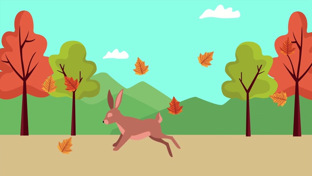 你好秋天动画与兔子和树叶的风景场景视频下载