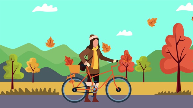 你好秋天动画与美丽的女人和自行车景观视频下载