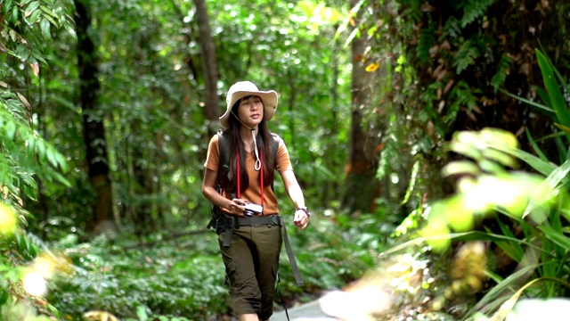 亚洲女性游客在热带森林旅行和冒险。视频素材