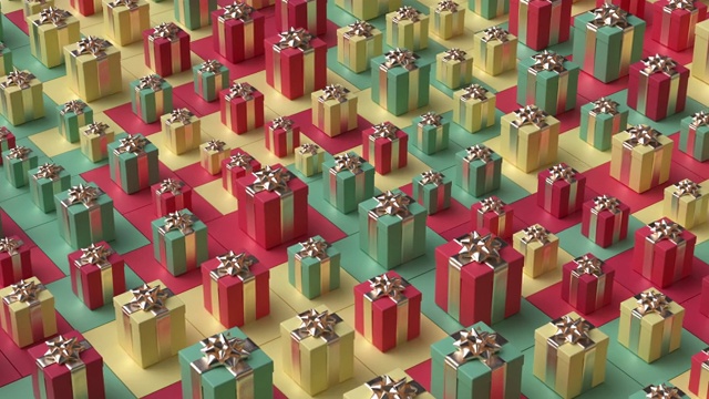 抽象背景的彩色圣诞盒子与礼物瓷砖的对比色视频下载