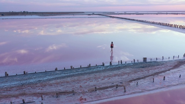 一名女子在乌克兰的粉红色盐湖上行走的鸟瞰图视频素材