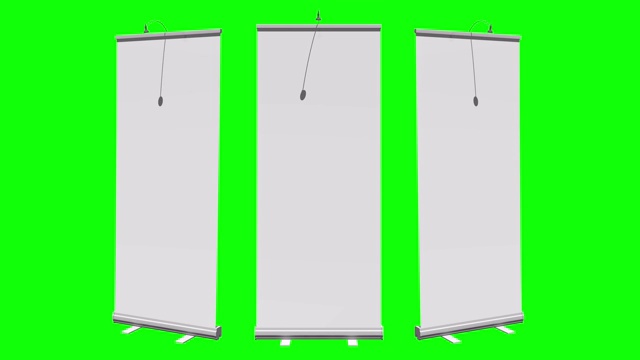 Blank Roll Up Banner Stand扩展。贸易展展位空白。3d运动图形上的绿色屏幕色度键背景。视频下载