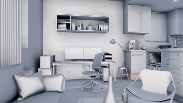 将一个有风格的家改造成办公室。三维渲染视频下载