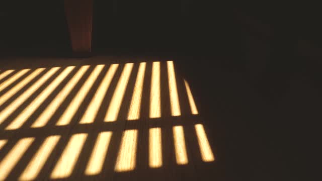 低角度平移横跨硬木地板与阳光和百叶窗阴影视频下载