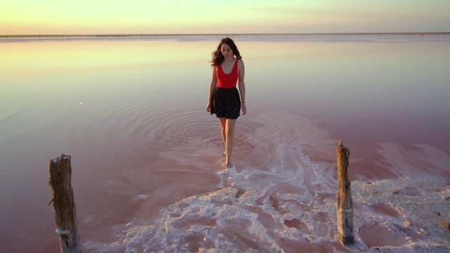 一名女子走在乌克兰的粉色盐湖上视频素材