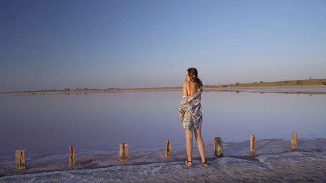 一名女子在乌克兰的粉色盐湖上拍照视频素材