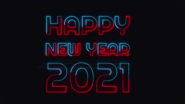 霓虹灯运动文字“2021年新年快乐”蓝色和红色循环运行。视频素材