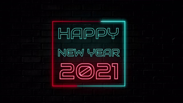 霓虹灯运动文字“2021年新年快乐”蓝色和红色循环运行。视频素材