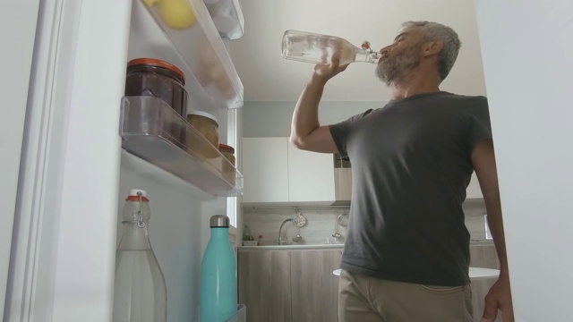 冰箱里的男人喝水视频素材