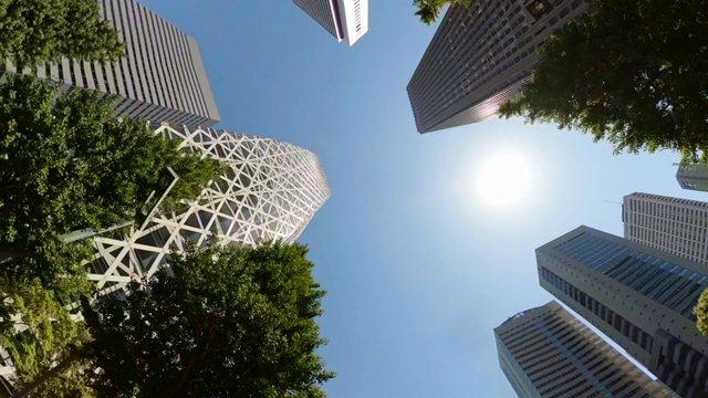 开车穿过城市中的摩天大楼。旋转和仰望摩天大楼和绿树。视频下载