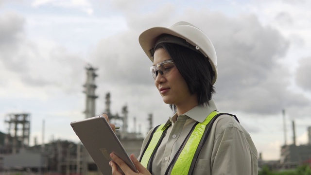 亚洲女工程师戴着安全帽在一个工业工厂工作在一个数字平板电脑上视频素材