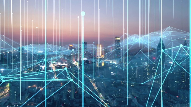 智能连接城市天际线。未来网络概念，城市科技视频素材