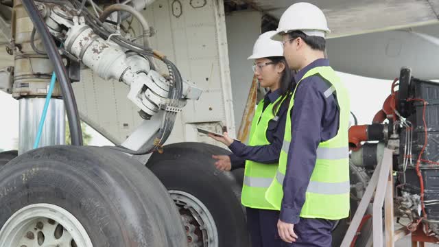 飞机亚洲工程师团队维修，检查和工作飞机引擎在机库。视频素材