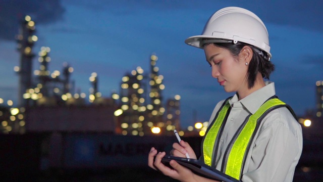 亚洲女工程师戴着安全帽在一个工业工厂工作在一个数字平板电脑上视频素材