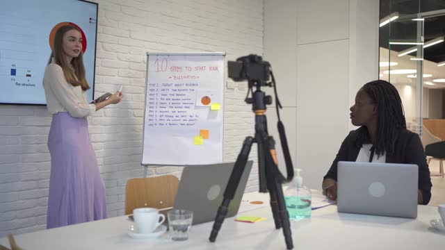 一位年轻成功的女商人正在参加一个关于如何创业的在线讲座。视频素材