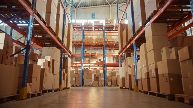 大型零售仓库堆满了货架上的货物在纸板箱和包装。物流，分拣和分配设施的产品交付。两排架子之间的低向后移动相机视频下载
